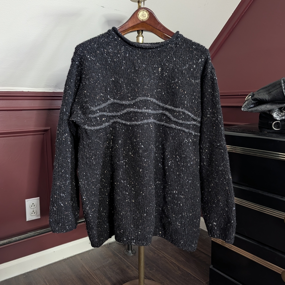 FISHERMAN OUT OF IRELAND Black Speckled Crewneck New Wool Sweater 3D Wave Detail
